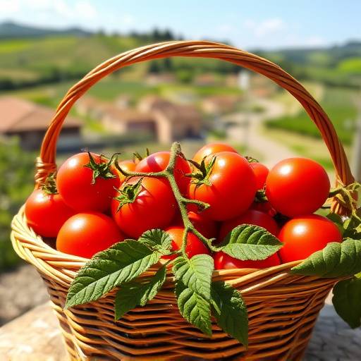 A basket overflowing with fresh, ripe tomatoes from Campania, Italy.