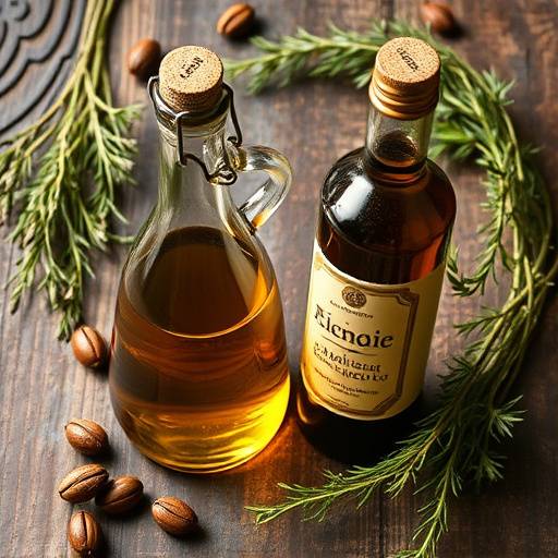 Bottles of Italian olive oil and balsamic vinegar on a rustic table, with olives and herbs in the background.