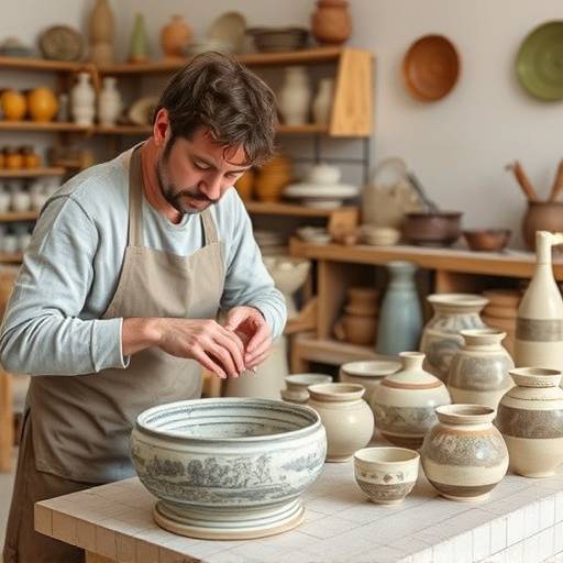 Handcrafted Italian ceramics, including plates, bowls, and vases, displayed in a workshop.