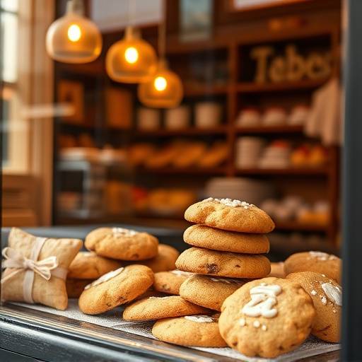 Italian cookies and biscotti displayed in a bakery window, including almond biscotti and chocolate-covered cookies.