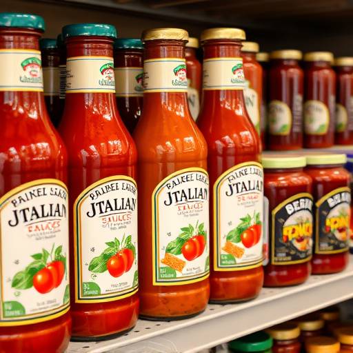 Jars of Italian sauces, including pesto, marinara, and arrabbiata, arranged on a shelf.