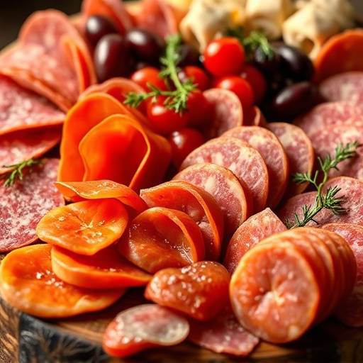 Selection of Italian cured meats, including prosciutto, salami, and mortadella, displayed on a platter.