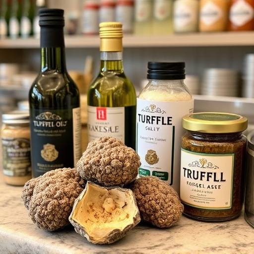 Selection of truffle products, including truffle oil, truffle salt, and truffle paste, displayed on a counter.
