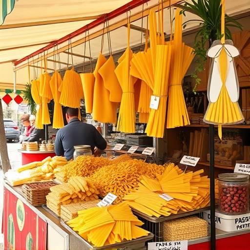 Selection of various Italian pasta shapes and sizes displayed in a market stall.